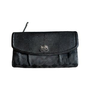 AUTH COACH MONOGRAM FLAP LONG LEATHER WALLET BLACK